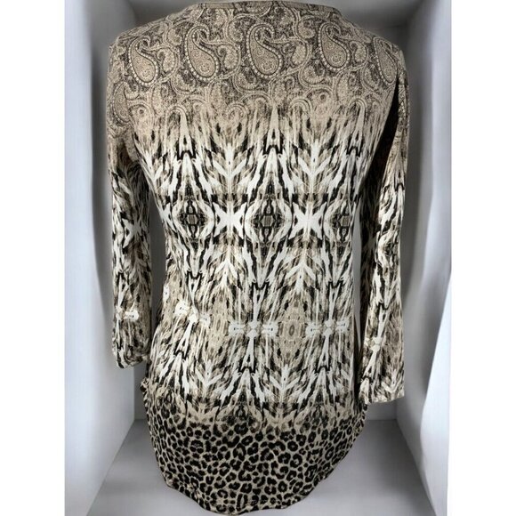 Chicos Brown Animal Leopard Paisley Print Quarter Sleeve Keyhole Tunic Top Small - Picture 3 of 8